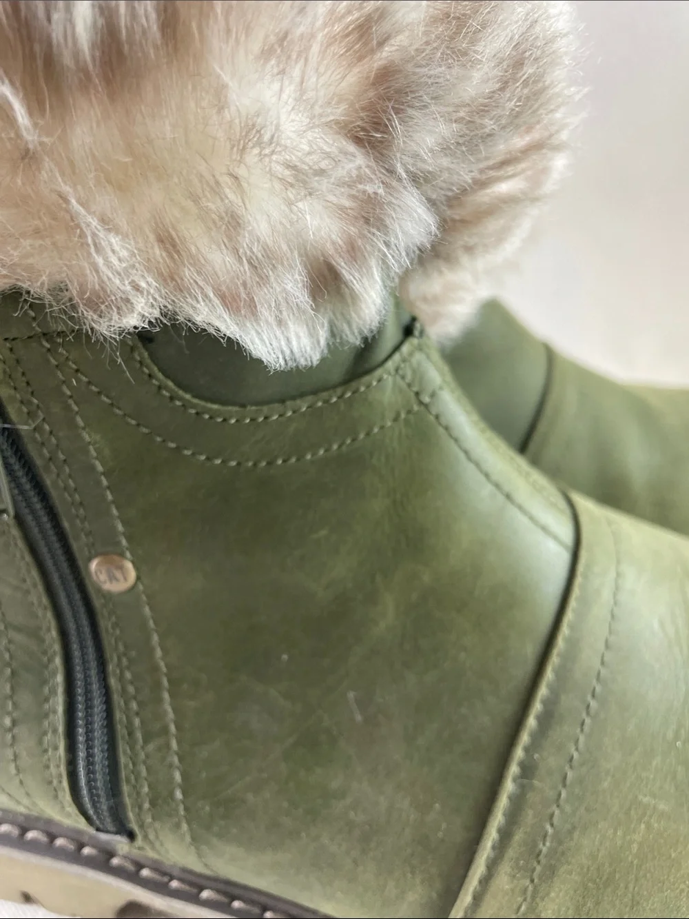 CAT Faux Fur Cuff Ankle Boots - Olive Green Size 11